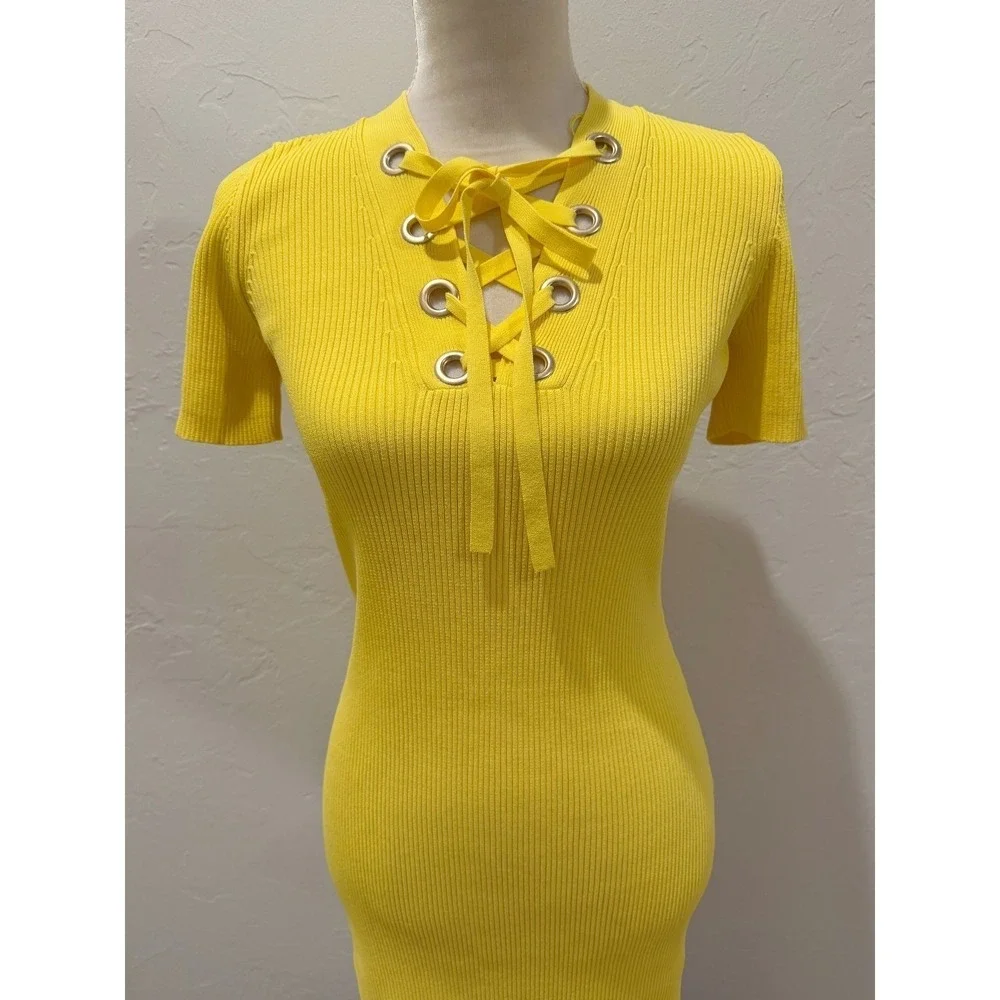 Michael Kors Womens Yellow Ribbed Lace-Up Fitted Chic Midi Sweater Dress Size S